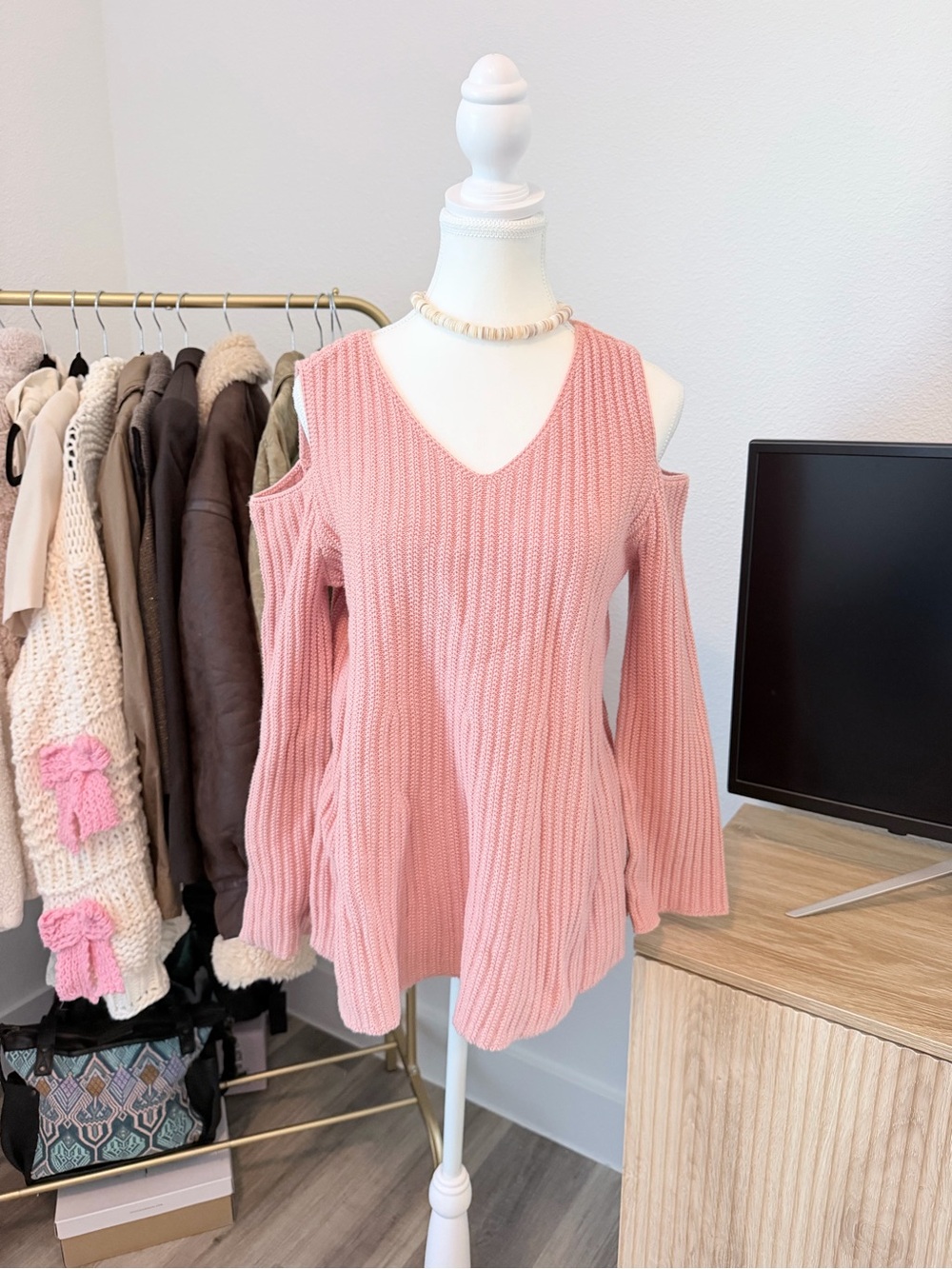 Style & Co. Pink Cold-Shoulder V-Neck Sweater